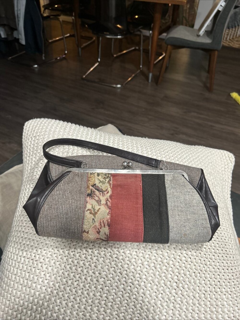 Patchwork Top Handle Kiss Lock Purse Multicolor Red Lining Women
